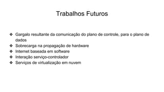 Trabalhos Futuros
❖ Gargalo resultante da comunicação do plano de controle, para o plano de
dados
❖ Sobrecarga na propagação de hardware
❖ Internet baseada em software
❖ Interação serviço-controlador
❖ Serviços de virtualização em nuvem
 