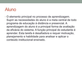Aluno
• O elemento principal no processo de aprendizagem.
 Suprir as necessidades do aluno é a meta central de todo
 programa de educação à distância e presencial. A
 aprendizagem do aluno é a principal forma de avaliação
 da eficácia do sistema. A função principal do estudante é
 aprender. Esta tarefa é desafiadora e requer motivação,
 planejamento e habilidade para analisar e aplicar o
 conteúdo institucional ensinado.
 
