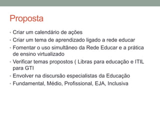 Proposta
• Criar um calendário de ações
• Criar um tema de aprendizado ligado a rede educar
• Fomentar o uso simultâneo da Rede Educar e a prática
  de ensino virtualizado
• Verificar temas propostos ( Libras para educação e ITIL
  para GTI
• Envolver na discursão especialistas da Educação
• Fundamental, Médio, Profissional, EJA, Inclusiva
 