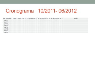 Cronograma 10/2011- 06/2012
Mês Ano Dias 1 2 3 4 5 6 7 8 9 10 11 12 13 14 15 16 17 18 19 20 21 22 23 24 25 26 27 28 29 30 31   Ações
 nov/11
 dez/11
  jan/12
  fev/12
 mar/12
  abr/12
 mai/12
  jun/12
 