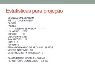 Estatisticas para projeção
•   ESCOLAGOMESCARDIM
•   INSTITUTOALFAOMEGA
•   EADGTI
•   FAETES
•   -------- MESMO SERVIDOR ------------
•   USUÁRIOS : 2387
•   CURSOS       : 63
•   DISCIPLINAS : 287
•   AVALIAÇÕES : 109
•   CHATS : 3
•   FORUM : 9
•   TAMANHO MAXIMO DE ARQUIVO : 16 MGB
•   VIDEOS INTERNOS : 53
•   EXTERNOS 237  IRRELEVANTE

• BANCO DADOS MOODLE – 160 MG
• REPOSITÓRIO CONTEUDOS – 6.3 GB
 