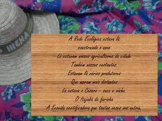 A Rede Ecológica estava lá
construindo o novo
Lá estavam nossos agricultores da cidade
Também nossxs cestantes.
Estavam lá vários produtores
Que moram mais distantes
Lá estava o Cézaro – suco e vinho.
O Itajubá da farinha
A Ecovida certificadora que tantas vezes nos nutriu.
 