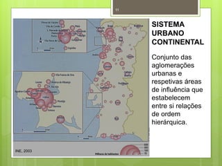 11

SISTEMA
URBANO
CONTINENTAL
Conjunto das
aglomerações
urbanas e
respetivas áreas
de influência que
estabelecem
entre si relações
de ordem
hierárquica.

INE, 2003

 