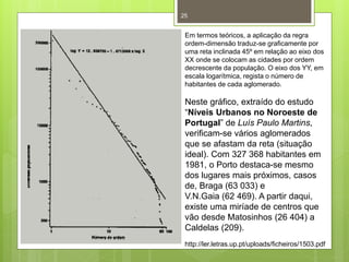 25

Em termos teóricos, a aplicação da regra
ordem-dimensão traduz-se graficamente por
uma reta inclinada 45º em relação ao eixo dos
XX onde se colocam as cidades por ordem
decrescente da população. O eixo dos YY, em
escala logarítmica, regista o número de
habitantes de cada aglomerado.

Neste gráfico, extraído do estudo
“Níveis Urbanos no Noroeste de
Portugal” de Luís Paulo Martins,
verificam-se vários aglomerados
que se afastam da reta (situação
ideal). Com 327 368 habitantes em
1981, o Porto destaca-se mesmo
dos lugares mais próximos, casos
de, Braga (63 033) e
V.N.Gaia (62 469). A partir daqui,
existe uma miríade de centros que
vão desde Matosinhos (26 404) a
Caldelas (209).
http://ler.letras.up.pt/uploads/ficheiros/1503.pdf

 