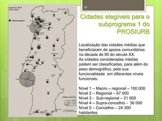 30

Cidades elegíveis para o
subprograma 1 do
PROSIURB
Localização das cidades médias que
beneficiaram de apoios comunitários
na década de 90 do século XX.
As cidades consideradas médias
podem ser classificadas, para além do
peso demográfico, pela sua
funcionalidade em diferentes níveis
funcionais:
Nível 1 – Macro – regional – 100 000
Nível 2 – Regional – 67 000
Nível 3 - Sub-regional – 31 000
Nível 4 – Supra-concelhio - 36 000
Nível 5 – Concelhio – 24 300
habitantes

 