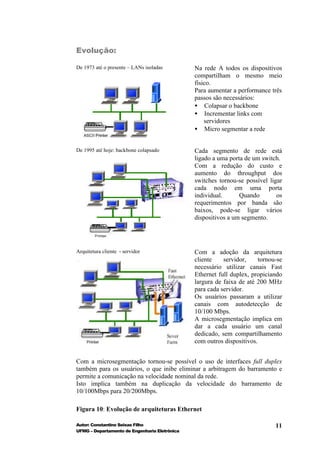 Evolução:

De 1973 até o presente – LANs isoladas         Na rede A todos os dispositivos
                                               compartilham o mesmo meio
                                               físico.
                                               Para aumentar a performance três
                                               passos são necessários:
                                               • Colapsar o backbone
                                               • Incrementar links com
                                                   servidores
                                               • Micro segmentar a rede


De 1995 até hoje: backbone colapsado           Cada segmento de rede está
                                               ligado a uma porta de um switch.
                                               Com a redução do custo e
                                               aumento do throughput dos
                                               switches tornou-se possível ligar
                                               cada nodo em uma porta
                                               individual.      Quando        os
                                               requerimentos por banda são
                                               baixos, pode-se ligar vários
                                               dispositivos a um segmento.




Arquitetura cliente - servidor                 Com a adoção da arquitetura
                                               cliente    servidor,     tornou-se
                                               necessário utilizar canais Fast
                                               Ethernet full duplex, propiciando
                                               largura de faixa de até 200 MHz
                                               para cada servidor.
                                               Os usuários passaram a utilizar
                                               canais com autodetecção de
                                               10/100 Mbps.
                                               A microsegmentação implica em
                                               dar a cada usuário um canal
                                               dedicado, sem compartilhamento
                                               com outros dispositivos.


Com a microsegmentação tornou-se possível o uso de interfaces full duplex
também para os usuários, o que inibe eliminar a arbitragem do barramento e
permite a comunicação na velocidade nominal da rede.
Isto implica também na duplicação da velocidade do barramento de
10/100Mbps para 20/200Mbps.

Figura 10: Evolução de arquiteturas Ethernet

Autor: Constantino Seixas Filho                                               11
UFMG – Departamento de Engenharia Eletrônica
 