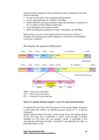 Sistematizando os seguintes fatores contribuíram para a construção de um rede
     Ethernet industrial:
     • Uso de switches para evitar a arbitragem de barramento
     • Uso de canais dedicados de 10 Mbps a 100 Mbps.
     • Padrão IEEE802.1p/Q que acrescenta campos de prioridade e de Quality of
         Service (QoS) ao frame Ethernet tradicional.
     • Canal full duplex para eliminar colisões.
     • Rede Fast Ethernet no backbone levando a velocidade a até 200 Mbps.

     QoS (quality of service) é uma maneira de alocar recursos em switches e
     roteadores de tal forma que os dados cheguem ao seu destino de forma rápida,
     consistente e confiável.


     Evolução do quadro Ethernet:

 7 bytes    1 byte    6 bytes      6 bytes     2 bytes                  46..1500 bytes                  4 bytes

Preâmbulo   SFD      Destino       Fonte       Comp/      Dados                                         FCS
                                               Tipo

                                                                                                    Quadro 802.3

 7 bytes    1 byte    6 bytes      6 bytes     4 bytes    2 bytes                  46..1500 bytes                 4 bytes

Preâmbulo   SFD      Destino       Fonte       TAG        Comp/       Dados                                       FCS
                                                          Tipo

                                                                                         Quadro 802.1Q com tag


                          TPID                                TCI
                     Tag Protocol ID         Prioridade       CFI         VLAN ID
                                             do usuário
                         16 bits               3 bits         1 bit           12 bits

     TPID = Tag Protocol Identifier
     TCI = Tag Control Information
     CFI = Canonical Format Indicator

     Figura 11: Quadro Ethernet simples e com TAG mostrando prioridade

     O standard 802.1p (e IEEE 802.1Q) propicia 8 níveis de prioridades. Entretanto
     a maior parte dos switches de mercado possuem apenas de 2 a 4 filas de
     mensagens.
     Alguns switches podem não tratar o campo de tag. Neste caso, apenas quadros
     de até 1518 bytes, fora o preâmbulo e o SFD, serão enviados. O quadro
     estendido de 1522 bytes não será passado à frente. A prioridade 6 será
     reservada para aplicações de áudio, a prioridade 5 para aplicações de vídeo e a
     prioridade 0 para e-mails.


     Autor: Constantino Seixas Filho                                                                    12
     UFMG – Departamento de Engenharia Eletrônica
 