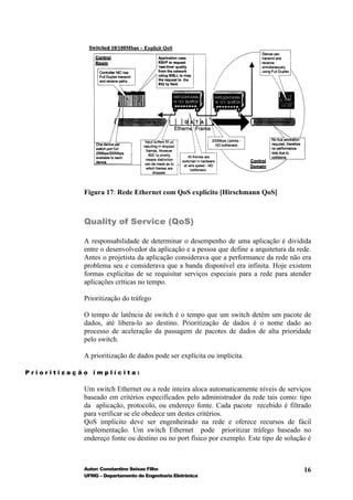 Figura 17: Rede Ethernet com QoS explícito [Hirschmann QoS]



            Quality of Service (QoS)

            A responsabilidade de determinar o desempenho de uma aplicação é dividida
            entre o desenvolvedor da aplicação e a pessoa que define a arquitetura da rede.
            Antes o projetista da aplicação considerava que a performance da rede não era
            problema seu e considerava que a banda disponível era infinita. Hoje existem
            formas explícitas de se requisitar serviços especiais para a rede para atender
            aplicações críticas no tempo.

            Prioritização do tráfego

            O tempo de latência de switch é o tempo que um switch detém um pacote de
            dados, até libera-lo ao destino. Prioritização de dados é o nome dado ao
            processo de aceleração da passagem de pacotes de dados de alta prioridade
            pelo switch.

            A prioritização de dados pode ser explícita ou implícita.

Prioritização implícita:

            Um switch Ethernet ou a rede inteira aloca automaticamente níveis de serviços
            baseado em critérios especificados pelo administrador da rede tais como: tipo
            da aplicação, protocolo, ou endereço fonte. Cada pacote recebido é filtrado
            para verificar se ele obedece um destes critérios.
            QoS implícito deve ser engenheirado na rede e oferece recursos de fácil
            implementação. Um switch Ethernet pode prioritizar tráfego baseado no
            endereço fonte ou destino ou no port físico por exemplo. Este tipo de solução é



            Autor: Constantino Seixas Filho                                             16
            UFMG – Departamento de Engenharia Eletrônica
 