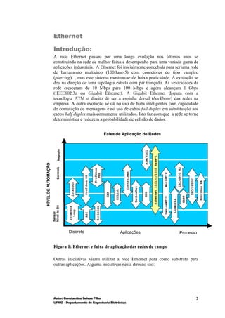 Ethernet

                     Introdução:
                     A rede Ethernet passou por uma longa evolução nos últimos anos se
                     constituindo na rede de melhor faixa e desempenho para uma variada gama de
                     aplicações industriais. A Ethernet foi inicialmente concebida para ser uma rede
                     de barramento multidrop (100Base-5) com conectores do tipo vampiro
                     (piercing) , mas este sistema mostrou-se de baixa praticidade. A evolução se
                     deu na direção de uma topologia estrela com par trançado. As velocidades da
                     rede cresceram de 10 Mbps para 100 Mbps e agora alcançam 1 Gbps
                     (IEEE802.3z ou Gigabit Ethernet). A Gigabit Ethernet disputa com a
                     tecnologia ATM o direito de ser a espinha dorsal (backbone) das redes na
                     empresa. A outra evolução se dá no uso de hubs inteligentes com capacidade
                     de comutação de mensagens e no uso de cabos full duplex em substituição aos
                     cabos half duplex mais comumente utilizados. Isto faz com que a rede se torne
                     determinística e reduzem a probabilidade de colisão de dados.


                                                                               Faixa de Aplicação de Redes
                             Negócio




                                                                                                                           ATM/FDDI


                                                                                                                                      Ethernet 10/100/1000 Base-T
NÍVEL DE AUTOMAÇÃO

                            Controle




                                                                                                                                                                                            IEC/SP50 H2
                                                                  Profibus




                                                                                                  ControlNet




                                                                                                                                                                    WorldFIP
                                                                    FMS
                                                    Profibus DP




                                                                                                                                                                                                                 IEC/SP50H1

                                                                                                                                                                                                                                  Profibus PA
                                         Interbus




                                                                                                               DeviceNet
                                                                                      CCLink




                                                                                                                           SDS
                                                                                CAN




                                                                                                                                                                                                          HART
                                                                                                                                                                    DeviceWFIP

                                                                                                                                                                                 LonWorks
                     Nível de Bit



                                       Interbus




                                                                    Seriplex
                                         Loop
                     Sensor




                                                    ASI




                                       Discreto                                                Aplicações                                                                                       Processo


                     Figura 1: Ethernet e faixa de aplicação das redes de campo

                     Outras iniciativas visam utilizar a rede Ethernet para como substrato para
                     outras aplicações. Alguma iniciativas nesta direção são:




                     Autor: Constantino Seixas Filho                                                                                                                                                                          2
                     UFMG – Departamento de Engenharia Eletrônica
 