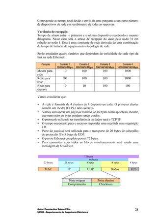 Corresponde ao tempo total desde o envio de uma pergunta a um certo número
de dispositivos de rede e o recebimento de todas as respostas.

Variância de recepção:
Tempo de atraso entre o primeiro e o último dispositivo recebendo o mesmo
datagrama. Neste caso será o atraso de recepção do dado pelo nodo 31 em
relação ao nodo 1. Esta é uma constante de rede derivada de uma combinação
de tempo de latência de equipamento e topologia de rede.

Serão estudados quatro cenários que dependem da velocidade de cada tipo de
link na rede Ethernet:

    Posição        Cenário 1         Cenário 2          Cenário 3           Cenário 4
                10/100/10 Mbps    100/100/10 Mbps   100/100/100 Mbps   1000/1000/100 Mbps
Mestre para           10               100               100                 1000
rede
Rede para            100               100               100                 1000
rede
Rede para             10                10               100                 100
escravo

Vamos considerar que:

•   A rede é formada de 4 clusters de 8 dispositivos cada. O primeiro cluster
    contém um mestre (CLP) e sete escravos.
•   Vamos considerar um payload mínimo de 46 bytes nesta aplicação, mesmo
    que nem todos os bytes estejam sendo usados.
•   O protocolo utilizado na transferência de dados será o TCP/IP
•   O tempo necessário para o escravo responder uma recebida uma requisição
    é 0.
•   Parte do payload será utilizada para o transporte de 20 bytes de cabeçalho
    do protocolo IP e 8 bytes de UDP.
•   O pacote Ethernet completo possui 72 bytes.
•   Para comunicar com todos os blocos simultaneamente será usado uma
    mensagem de broadcast.


                                         72 bytes
                                             46 bytes
     22 bytes          24 bytes            8 bytes              14 bytes         4 bytes

      MAC                  IP                UDP                 Dados             FCS


                           Porta origem              Porta destino
                           Comprimento                Checksum




Autor: Constantino Seixas Filho                                                       21
UFMG – Departamento de Engenharia Eletrônica
 