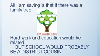 All I am saying is that if there was a
family tree,
Hard work and education would be
related.
BUT SCHOOL WOULD PROBABLY
BE A DISTRICT COUSIN!
 