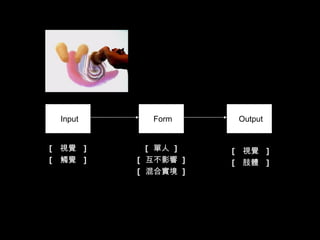 Input Form Output [  視覺  ] [  觸覺  ] [  單人  ] [  互不影響  ] [  混合實境  ] [  視覺  ] [  肢體  ] 