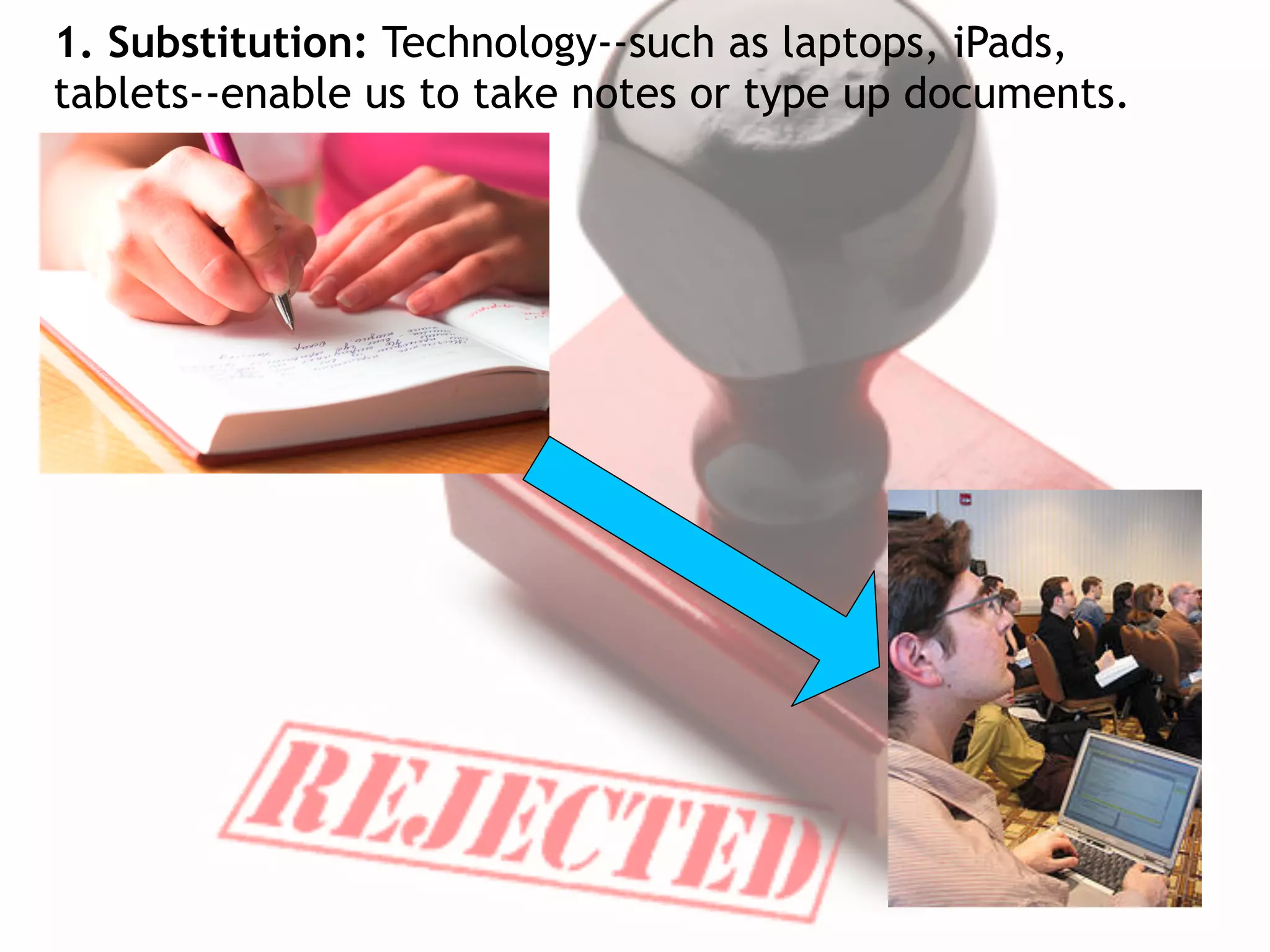 1. Substitution: Technology--such as laptops, iPads,
tablets--enable us to take notes or type up documents.
 