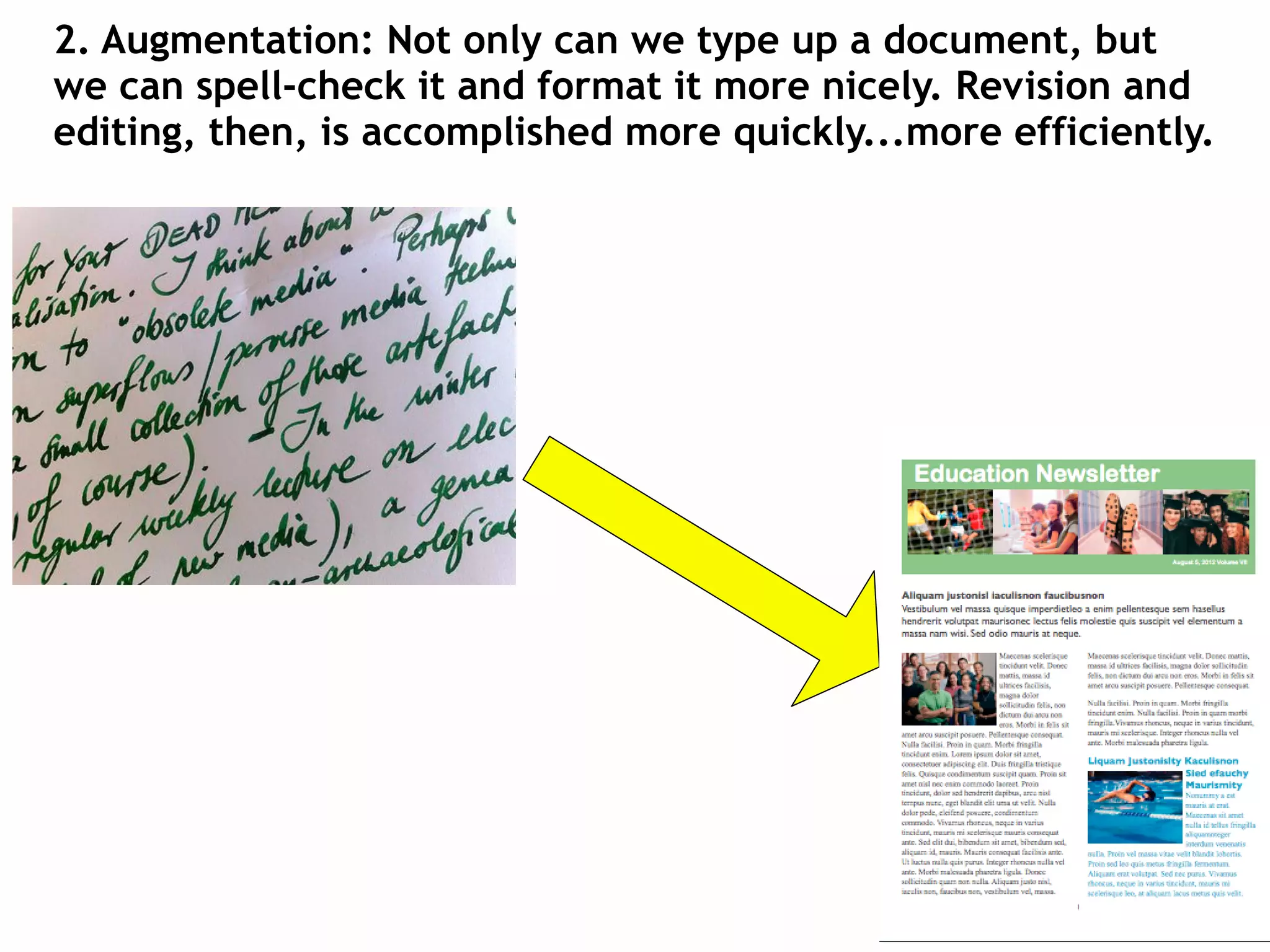 2. Augmentation: Not only can we type up a document, but
we can spell-check it and format it more nicely. Revision and
editing, then, is accomplished more quickly...more efficiently.
 