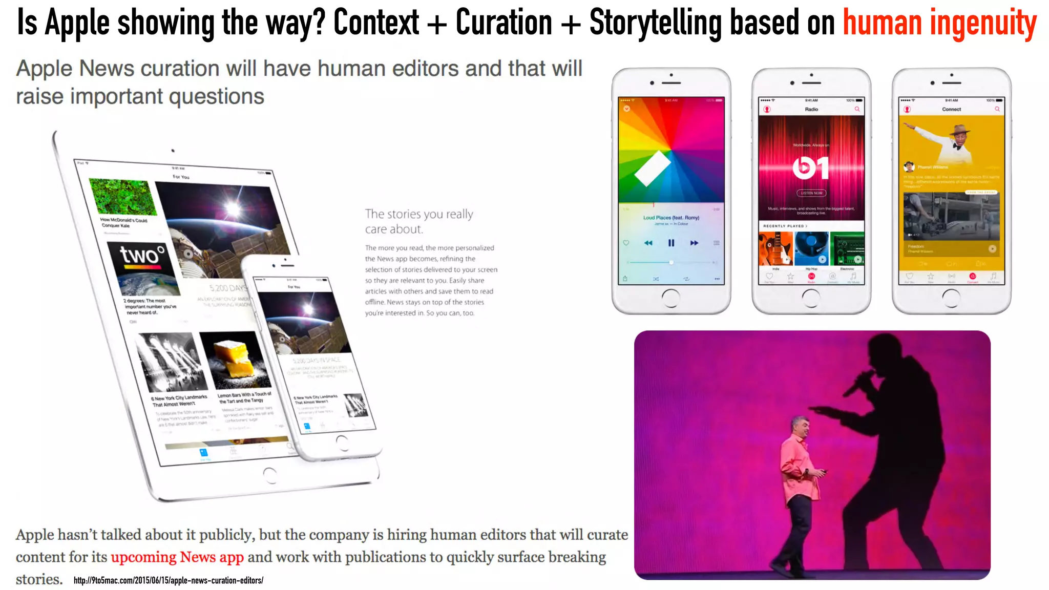 Is Apple showing the way? Context + Curation + Storytelling based on human ingenuity
http://9to5mac.com/2015/06/15/apple-news-curation-editors/
 