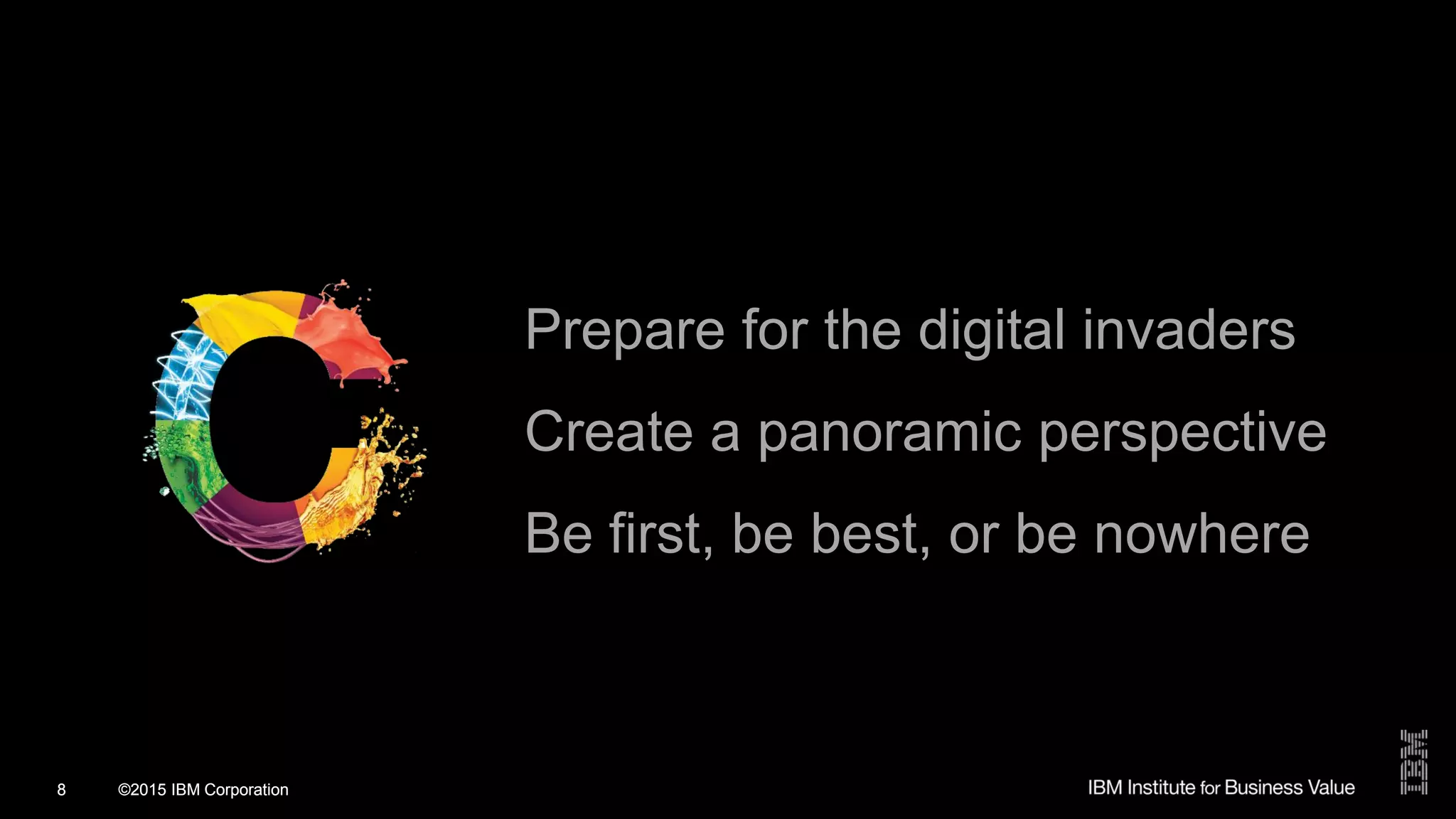 ©2015 IBM Corporation8
Prepare for the digital invaders
Create a panoramic perspective
Be first, be best, or be nowhere
©2015 IBM Corporation8
 