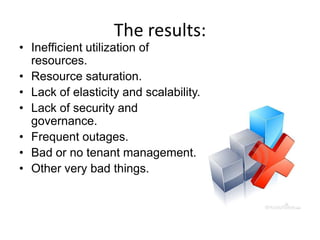 The results:
• Inefficient utilization of
  resources.
• Resource saturation.
• Lack of elasticity and scalability.
• Lack of security and
  governance.
• Frequent outages.
• Bad or no tenant management.
• Other very bad things.
 