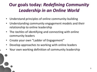 Our goals today: Redefining Community
Leadership in an Online World
3
• Understand principles of online community-building...
