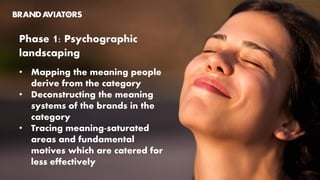 Phase 1: Psychographic
landscaping
• Mapping the meaning people
derive from the category
• Deconstructing the meaning
systems of the brands in the
category
• Tracing meaning-saturated
areas and fundamental
motives which are catered for
less effectively
 