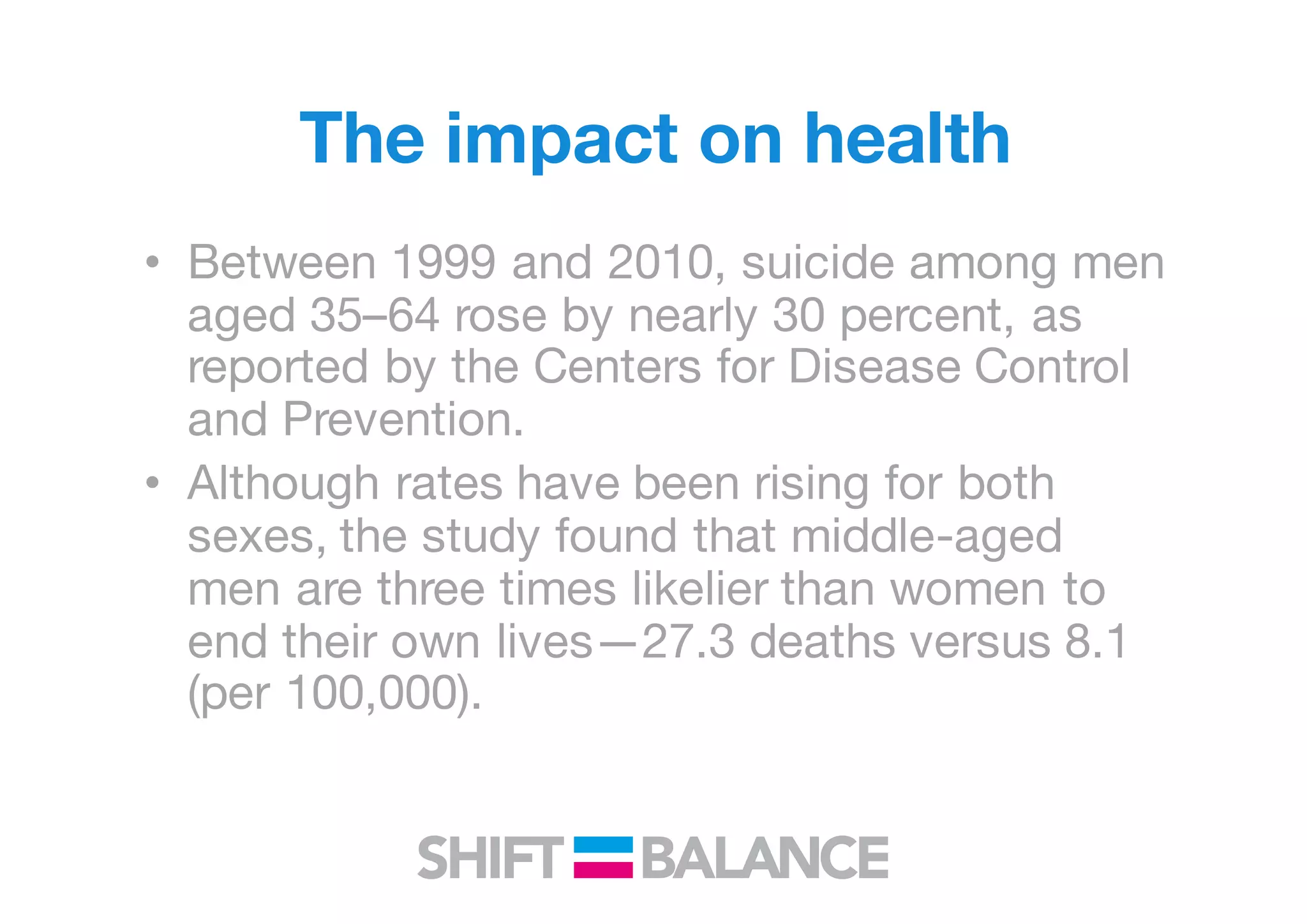 The impact on health
• Between 1999 and 2010, suicide among men
aged 35–64 rose by nearly 30 percent, as
reported by the Centers for Disease Control
and Prevention.
• Although rates have been rising for both
sexes, the study found that middle-aged
men are three times likelier than women to
end their own lives—27.3 deaths versus 8.1
(per 100,000).
 