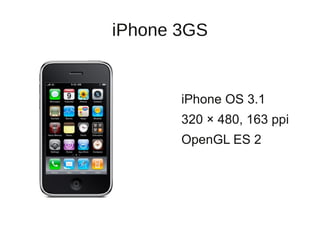 iPhone 3GS


       iPhone OS 3.1
       320 × 480, 163 ppi
       OpenGL ES 2
 