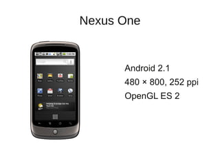Nexus One


      Android 2.1
      480 × 800, 252 ppi
      OpenGL ES 2
 