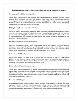 Redefining Patient Care: The Impact of Clinical Nurse Specialist ...