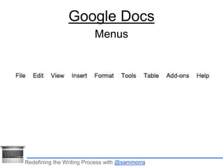 Google Docs 
Menus 
Redefining the Writing Process with @sammorra 
 