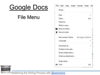 Google Docs 
File Menu 
Redefining the Writing Process with @sammorra 
 