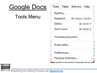 Google Docs 
Tools Menu 
Redefining the Writing Process with @sammorra 
 