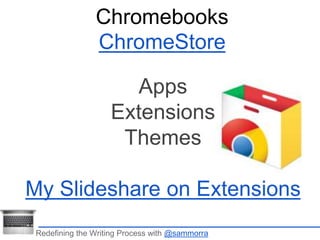 Chromebooks 
ChromeStore 
Apps 
Extensions 
Themes 
My Slideshare on Extensions 
Redefining the Writing Process with @sammorra 
 