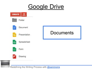 Google Drive 
Documents 
Redefining the Writing Process with @sammorra 
 