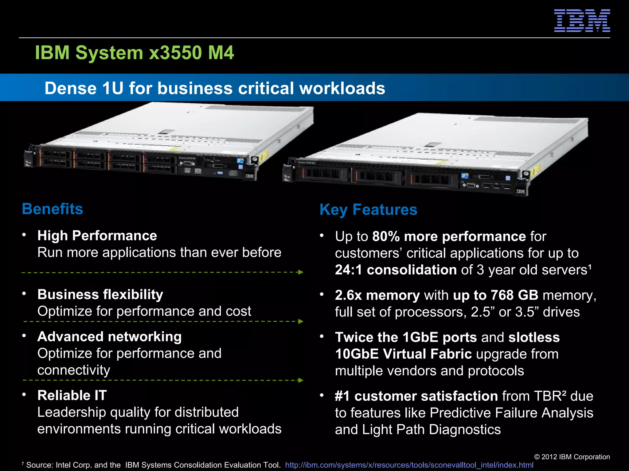 IBM System x3550 M4
         Dense 1U for business critical workloads




Benefits                                                                             Key Features
• High Performance                                                                   • Up to 80% more performance for
  Run more applications than ever before                                               customers’ critical applications for up to
                                                                                       24:1 consolidation of 3 year old servers¹
• Business flexibility                                                               • 2.6x memory with up to 768 GB memory,
  Optimize for performance and cost                                                    full set of processors, 2.5” or 3.5” drives
• Advanced networking                                                                • Twice the 1GbE ports and slotless
  Optimize for performance and                                                         10GbE Virtual Fabric upgrade from
  connectivity                                                                         multiple vendors and protocols
• Reliable IT                                                                        • #1 customer satisfaction from TBR² due
  Leadership quality for distributed                                                   to features like Predictive Failure Analysis
  environments running critical workloads                                              and Light Path Diagnostics
                                                                                                                                                     © 2012 IBM Corporation
7
    Source: Intel Corp. and the IBM Systems Consolidation Evaluation Tool. http://ibm.com/systems/x/resources/tools/sconevalltool_intel/index.html
 