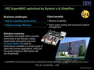 LRZ SuperMUC optimized by System x & iDataPlex

Business challenges                            Client benefits
• Deliver 3 petaflop performance               • Massive scalability

• Improve energy efficiency                    • Warm water cooling with advanced systems
                                                 management


Solution summary
SuperMUC will enable LRZ’s scientific
community to test theories, design
experiments and predict outcomes
as never before. To make its
performance available to a broad range of
users with diverse applications, LRZ built
the system based on IBM System x®
and iDataPlex®


“SuperMUC will provide previously unattainable energy efficiency along with peak performance.”
                                  Prof. Dr. Arndt Bode - LRZ
                                                                                   © 2012 IBM Corporation
 