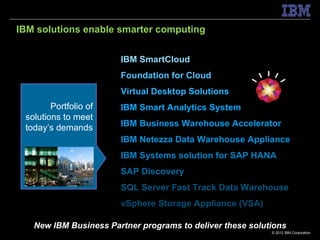 IBM solutions enable smarter computing


                       IBM SmartCloud
                       Foundation for Cloud
                       Virtual Desktop Solutions
        Portfolio of   IBM Smart Analytics System
 solutions to meet
 today’s demands       IBM Business Warehouse Accelerator
                       IBM Netezza Data Warehouse Appliance
                       IBM Systems solution for SAP HANA
                       SAP Discovery
                       SQL Server Fast Track Data Warehouse
                       vSphere Storage Appliance (VSA)

   New IBM Business Partner programs to deliver these solutions
                                                           © 2012 IBM Corporation
 