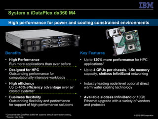 System x iDataPlex dx360 M4
     High performance for power and cooling constrained environments




Benefits                                                                    Key Features
• High Performance                                                          • Up to 120% more performance for HPC
  Run more applications than ever before                                      applications¹
• Designed for HPC                                                          • Up to 4 GPUs per chassis, 1.5x memory
  Outstanding performance for                                                 capacity, slotless InfiniBand networking
  computationally intensive workloads
• High efficiency                                                           • Industry leading node level optional direct
  Up to 40% efficiency advantage over air                                     warm water cooling technology
  cooled systems9
• Business flexibility                                                      • Available slotless InfiniBand or 10Gb
  Outstanding flexibility and performance                                     Ethernet upgrade with a variety of vendors
  for support of high performance solutions                                   and protocols

9
    Compared with iDataPlex dx360 M4 systems without warm-water cooling..                                      © 2012 IBM Corporation
10
    Source: Intel Corp.
 