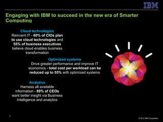 Engaging with IBM to succeed in the new era of Smarter
Computing

           Cloud technologies
     Reinvent IT - 60% of CIOs plan
     to use cloud technologies and
       55% of business executives
      believe cloud enables business
               transformation
                            Optimized systems
                 Drive greater performance and improve IT
               economics - total cost per workload can be
                reduced up to 55% with optimized systems

                Analytics
          Harness all available
      information - 89% of CEOs
     want better insight via Business
       Intelligence and analytics



 5
                                                            © 2012 IBM Corporation
 