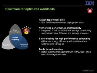 Innovation for optimized workloads


                                       Faster deployment time
                                       • IBM FastSetup automates deployment tasks

                                       Networking performance and flexibility
               Cloud                   • Integrated 1GbE or 10GbE with storage connectivity
            technologies
                                         supports all major Ethernet and storage protocols
              Smarter
             computing                 Better cooling for high performance computing
                                       • 40% more energy efficiency with available warm
Analytics                  Optimized     water cooling versus air
                            systems

                                       Tools for optimization
                                       • Better systems management with IMM2, UEFI and a
                                         host of management tools




                                                                                  © 2012 IBM Corporation
 