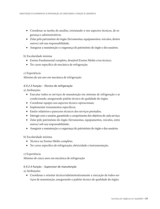 Secretaria de Vigilância em Saúde/MS • 21
MANUTENÇÃO DE EQUIPAMENTOS DE REFRIGERAÇÃO, AR CONDICIONADO E GERAÇÃO DE EMERGÊNCIA
•	 Coordenar as tarefas do auxiliar, orientando-o nos aspectos técnicos, de se-
gurança e administrativos;
•	 Zelar pelo patrimônio do órgão (ferramentas, equipamentos, veículos, dentre
outros) sob sua responsabilidade;
•	 Assegurar a manutenção e a segurança do patrimônio do órgão e dos usuários.
b) Escolaridade mínima
•	 Ensino Fundamental completo, desejável Ensino Médio e/ou técnico;
•	 Ter curso específico de mecânico de refrigeração.
c) Experiência
Mínimo de um ano em mecânica de refrigeração.
6.9.2.3 Função – Técnico de refrigeração
a) Atribuições
•	 Executar todos os serviços de manutenção em sistemas de refrigeração e ar
condicionado, assegurando padrão técnico de qualidade do órgão;
•	 Coordenar equipes nos aspectos técnico-operacionais;
•	 Implementar treinamentos específicos;
•	 Emitir relatórios e pareceres técnicos dos serviços prestados;
•	 Interagir com o usuário, garantindo o cumprimento dos objetivos de cada serviço;
•	 Zelar pelo patrimônio do órgão (ferramentas, equipamentos, veículos, entre
outros) sob sua responsabilidade;
•	 Assegurar a manutenção e a segurança do patrimônio do órgão e dos usuários.
b) Escolaridade mínima
•	 Técnico ou Ensino Médio completo;
•	 Ter curso específico de refrigeração, eletricidade e instrumentação.
c) Experiência
Mínimo de cinco anos em mecânica de refrigeração
6.9.2.4 Função – Supervisor de manutenção
a) Atribuições
•	 Coordenar e orientar técnico/administrativamente a execução de todos ser-
viços de manutenção, assegurando o padrão técnico de qualidade do órgão;
 