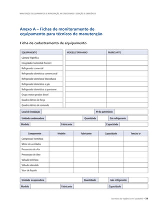 Secretaria de Vigilância em Saúde/MS • 39
MANUTENÇÃO DE EQUIPAMENTOS DE REFRIGERAÇÃO, AR CONDICIONADO E GERAÇÃO DE EMERGÊNCIA
Anexo A – Fichas de monitoramento de
equipamento para técnicos de manutenção
Ficha de cadastramento de equipamento
EQUIPAMENTO MODELO/TAMANHO FABRICANTE
Câmara frigorífica
Congelador horizontal (freezer)
Refrigerador comercial
Refrigerador doméstico convencional
Refrigerador doméstico fotovoltaico
Refrigerador doméstico a gás
Refrigerador doméstico a querosene
Grupo motor-gerador diesel
Quadro elétrico de força
Quadro elétrico de comando
Local de instalação No
do patrimônio
Unidade condensadora Quantidade Gás refrigerante
Modelo Fabricante Capacidade
Componente Modelo Fabricante Capacidade Tensão/ ø
Compressor hermético
Motor do ventilador
Pressostato de alta
Pressostato de óleo
Válvula reversora
Válvula solenóide
Visor de líquido
Unidade evaporadora Quantidade Gás refrigerante
Modelo Fabricante Capacidade
 