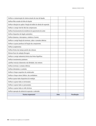 48 • Secretaria de Vigilância em Saúde/MS
MANUAL DE REDE DE FRIO
Verificar a contaminação de sistema através do visor de líquido
Verificar filtro secador da linha de líquido
Verificar vibração do capilar e fixação do bulbo da válvula de expansão
Verificar e corrigir nível de óleo dos compressores
Verificar funcionamento da resistência de aquecimento do carter
Verificar dispositivo de degelo automático
Verificar botoeiras, interruptores, sinaleiros e fusíveis
Verificar e corrigir fixação de terminais, cabos e conexões elétricas
Verificar e ajustar parafusos de fixação dos componentes
Verificar acoplamentos
Verificar fechos das tampas painéis das câmaras
Eliminar focos de oxidação (ferrugem.
Verificar e corrigir isolamento térmico das linhas frigoríficas
Verificar revestimentos protetores
Lubrificar mancais (rolamentos não blindados. dos motores
Verificar terminais e contatos elétricos
Verificar eletrodutos e conduítes
Verificar e limpar serpentina do condensador
Verificar e limpar rotores (hélices. dos ventiladores
Verificar ajustar todos dispositivos de medição
Verificar e ajustar todos os termostatos
Verificar e ajustar todos os pressostatos
Verificar e ajustar todos os relés térmicos
Verificar operação da válvula de expansão e solenóide
Técnico responsável Data Fiscalização
 