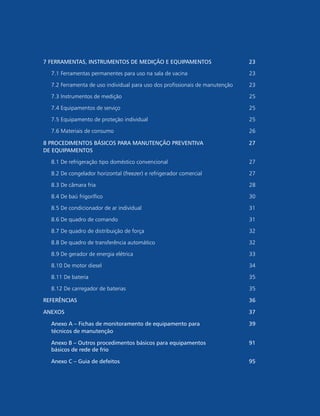 7 FERRAMENTAS, INSTRUMENTOS DE MEDIÇÃO E EQUIPAMENTOS 23
7.1 Ferramentas permanentes para uso na sala de vacina 23
7.2 Ferramenta de uso individual para uso dos profissionais de manutenção 23
7.3 Instrumentos de medição 25
7.4 Equipamentos de serviço 25
7.5 Equipamento de proteção individual 25
7.6 Materiais de consumo 26
8 PROCEDIMENTOS BÁSICOS PARA MANUTENÇÃO PREVENTIVA
DE EQUIPAMENTOS
27
8.1 De refrigeração tipo doméstico convencional 27
8.2 De congelador horizontal (freezer) e refrigerador comercial 27
8.3 De câmara fria 28
8.4 De baú frigorífico 30
8.5 De condicionador de ar individual 31
8.6 De quadro de comando 31
8.7 De quadro de distribuição de força 32
8.8 De quadro de transferência automático 32
8.9 De gerador de energia elétrica 33
8.10 De motor diesel 34
8.11 De bateria 35
8.12 De carregador de baterias 35
Referências 36
ANEXOS 37
Anexo A – Fichas de monitoramento de equipamento para
técnicos de manutenção
39
Anexo B – Outros procedimentos básicos para equipamentos
básicos de rede de frio
91
Anexo C – Guia de defeitos 95
 