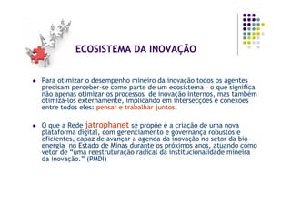ECOSISTEMA DA INOVAÇÃO


Para otimizar o desempenho mineiro da inovação todos os agentes
precisam perceber-se como parte de um ecosistema – o que significa
não apenas otimizar os processos de inovação internos, mas também
otimizá-los externamente, implicando em intersecções e conexões
entre todos eles: pensar e trabalhar juntos.

O que a Rede jatrophanet se propõe é a criação de uma nova
plataforma digital, com gerenciamento e governança robustos e
eficientes, capaz de avançar a agenda da inovação no setor da bio-
energia no Estado de Minas durante os próximos anos, atuando como
vetor de “uma reestruturação radical da institucionalidade mineira
da inovação.” (PMDI)
 