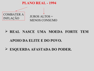 PLANO REAL - 1994 
COMBATER A 
INFLAÇÃO JUROS ALTOS = 
MENOS CONSUMO 
 REAL NASCE UMA MOEDA FORTE TEM 
APOIO DA ELITE E DO POVO. 
 ESQUERDA AFASTADA DO PODER. 
 