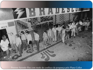 Pessoas fazendo filas com medo do confisco da poupança pelo Plano Collor

 