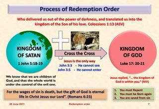 Process of Redemption Order
        Who delivered us out of the power of darkness, and translated us into the
                 kingdom of the Son of his love. Colossians 1:13 (ASV)




       KINGDOM                                                           KINGDOM
       OF SATAN                         Cross the Cross                   OF GOD
                                         Jesus is the only way
        1 John 5:18-19                John 3:3 - He cannot see           Luke 17: 20-21
                                     John 3:5 - He cannot enter
We know that we are children of                                   Jesus replied, “… the kingdom of
God, and that the whole world is                                      God is within you.“ (NIV)
under the control of the evil one.
                                                                    1. You must Repent
For the wages of sin is death, but the gift of God is eternal       2. You must be Born again
       life in Christ Jesus our Lord”. (Romans 6:23)                3. You are saved from sin
  28 June 2011                             Redemption order                                  7
 