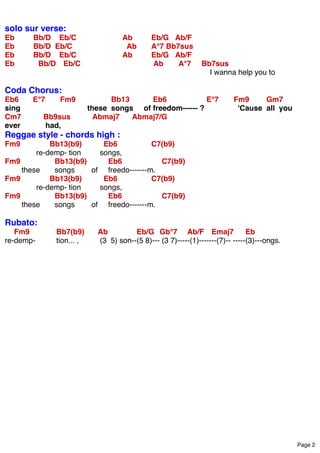 Page 2
solo sur verse:
Eb Bb/D Eb/C Ab Eb/G Ab/F
Eb Bb/D Eb/C Ab A°7 Bb7sus
Eb Bb/D Eb/C Ab Eb/G Ab/F
Eb Bb/D Eb/C Ab A°7 ...
