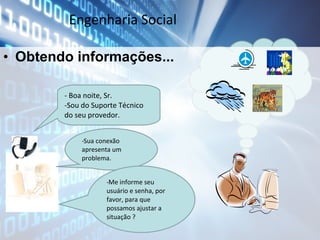 Engenharia Social
• Obtendo informações...
- Boa noite, Sr.
-Sou do Suporte Técnico
do seu provedor.
-Sua conexão
apresenta um
problema.

-Me informe seu
usuário e senha, por
favor, para que
possamos ajustar a
situação ?

 
