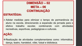  Adotar medidas para otimizar o tempo de permanência do
aluno na escola, direcionando a expansão da jornada para o
efetivo trabalho escolar, combinando com atividades
recreativas, esportivas, pedagógicas e culturais.
Realização de atividades complementares como: informática,
dança, teatro, handebol, vôlei, futsal e biblioteca.
 