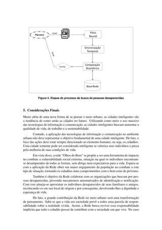Figura 4. Etapas do processo de busca de pessoas desaparecidas 
5. Considerac¸ ˜oes Finais 
Muito al´em de uma nova forma de se pensar o meio urbano, as cidades inteligentes s˜ao 
a tendˆencia de como ser˜ao as cidades no futuro. Utilizando como meio o uso massivo 
das tecnologias de informac¸ ˜ao e comunicac¸ ˜ao, as cidades inteligentes buscam aumentar a 
qualidade de vida, de trabalho e a sustentabilidade. 
Contudo, a aplicac¸ ˜ao das tecnologias de informac¸ ˜ao e comunicac¸ ˜ao no ambiente 
urbano n˜ao deve representar o objetivo fundamental de uma cidade inteligente. De fato, o 
foco das ac¸ ˜oes deve estar sempre direcionado ao elemento humano, ou seja, os cidad˜aos. 
Uma cidade somente pode ser considerada inteligente se valoriza seus indiv´ıduos e preza 
pela melhoria de suas condic¸ ˜oes de vida. 
Em vista disso, a rede “Olhos do Bem” se prop˜oe a ser uma ferramenta de impacto 
no combate a vulnerabilidade social extrema, situac¸ ˜ao na qual os indiv´ıduos encontram-se 
desamparados de todas as formas, sem abrigo nem expectativas para a vida. Espera-se 
com a aplicac¸ ˜ao da Rede obter um maior engajamento da populac¸ ˜ao no combate a este 
tipo de situac¸ ˜ao, tornando os cidad˜aos mais comprometidos com o bem estar do pr´oximo. 
Tamb´em ´e objetivo da Rede colaborar com as organizac¸ ˜oes que buscam por pes-soas 
desaparecidas, provendo mecanismos automatizados de identificac¸ ˜ao e notificac¸ ˜ao. 
Com isso almeja-se aproximar os indiv´ıduos desaparecidos de seus familiares e amigos, 
recolocando-os em seu local de origem e por conseguinte, devolvendo-lhes a dignidade e 
esperanc¸a de vida. 
De fato, a grande contribuic¸ ˜ao da Rede no meio urbano ser´a uma transformac¸ ˜ao 
de pensamento. Sabe-se que a vida em sociedade prevˆe a todos uma parcela de respon-sabilidade 
sobre a realidade vivida. Assim, a Rede busca reviver essa responsabilidade 
impl´ıcita que todo o cidad˜ao possui de contribuir com a sociedade em que vive. No caso 
 
